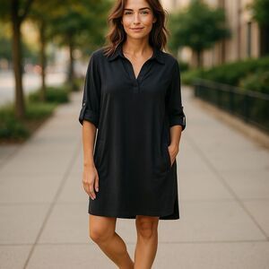 Women Navy Dress With Roll-Tab Sleeves Size Med